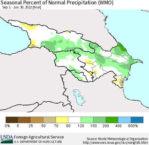 Azerbaijan, Armenia and Georgia Seasonal Percent of Normal Precipitation (WMO) Thematic Map For 9/1/2021 - 6/30/2022