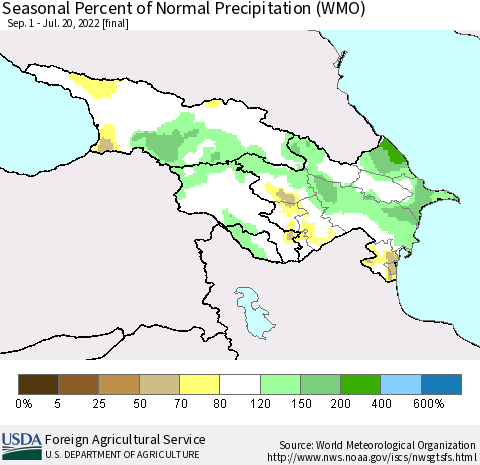 Azerbaijan, Armenia and Georgia Seasonal Percent of Normal Precipitation (WMO) Thematic Map For 9/1/2021 - 7/20/2022