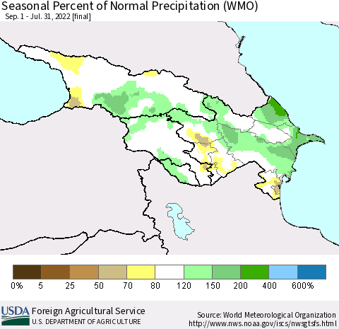 Azerbaijan, Armenia and Georgia Seasonal Percent of Normal Precipitation (WMO) Thematic Map For 9/1/2021 - 7/31/2022