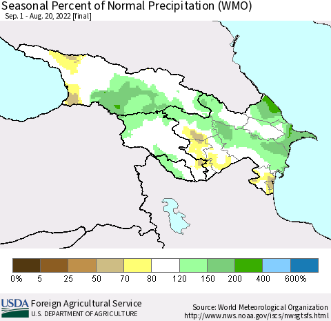 Azerbaijan, Armenia and Georgia Seasonal Percent of Normal Precipitation (WMO) Thematic Map For 9/1/2021 - 8/20/2022