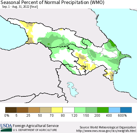 Azerbaijan, Armenia and Georgia Seasonal Percent of Normal Precipitation (WMO) Thematic Map For 9/1/2021 - 8/31/2022