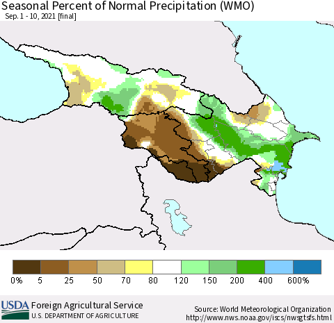 Azerbaijan, Armenia and Georgia Seasonal Percent of Normal Precipitation (WMO) Thematic Map For 9/1/2021 - 9/10/2021