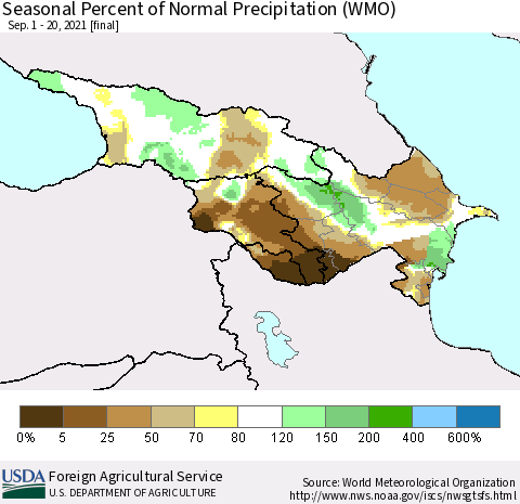 Azerbaijan, Armenia and Georgia Seasonal Percent of Normal Precipitation (WMO) Thematic Map For 9/1/2021 - 9/20/2021