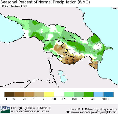 Azerbaijan, Armenia and Georgia Seasonal Percent of Normal Precipitation (WMO) Thematic Map For 9/1/2021 - 9/30/2021