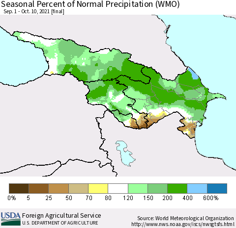 Azerbaijan, Armenia and Georgia Seasonal Percent of Normal Precipitation (WMO) Thematic Map For 9/1/2021 - 10/10/2021