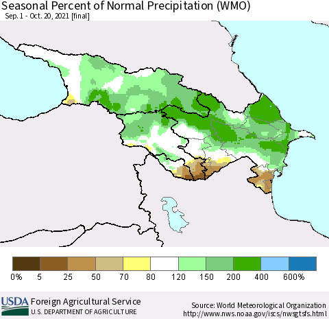 Azerbaijan, Armenia and Georgia Seasonal Percent of Normal Precipitation (WMO) Thematic Map For 9/1/2021 - 10/20/2021