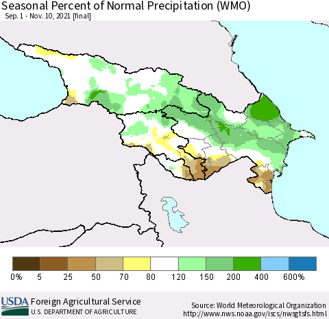 Azerbaijan, Armenia and Georgia Seasonal Percent of Normal Precipitation (WMO) Thematic Map For 9/1/2021 - 11/10/2021