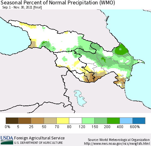 Azerbaijan, Armenia and Georgia Seasonal Percent of Normal Precipitation (WMO) Thematic Map For 9/1/2021 - 11/30/2021