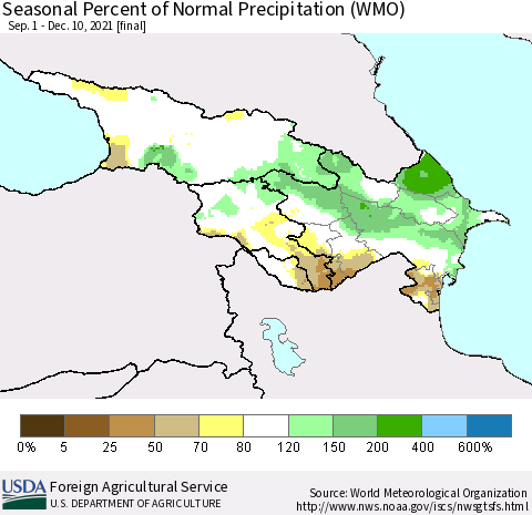 Azerbaijan, Armenia and Georgia Seasonal Percent of Normal Precipitation (WMO) Thematic Map For 9/1/2021 - 12/10/2021