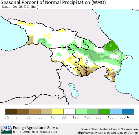 Azerbaijan, Armenia and Georgia Seasonal Percent of Normal Precipitation (WMO) Thematic Map For 9/1/2021 - 12/20/2021