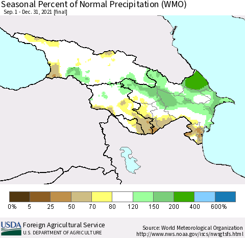 Azerbaijan, Armenia and Georgia Seasonal Percent of Normal Precipitation (WMO) Thematic Map For 9/1/2021 - 12/31/2021
