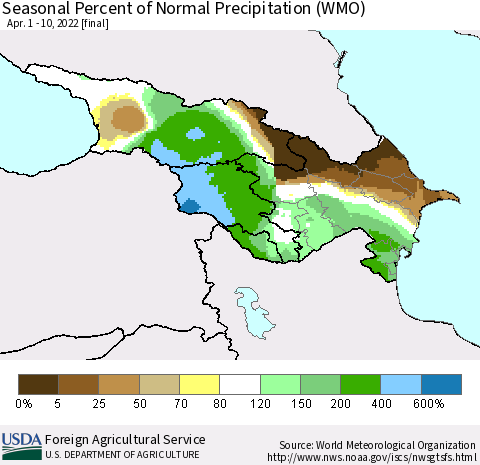 Azerbaijan, Armenia and Georgia Seasonal Percent of Normal Precipitation (WMO) Thematic Map For 4/1/2022 - 4/10/2022