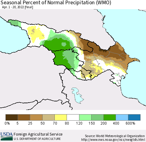 Azerbaijan, Armenia and Georgia Seasonal Percent of Normal Precipitation (WMO) Thematic Map For 4/1/2022 - 4/20/2022