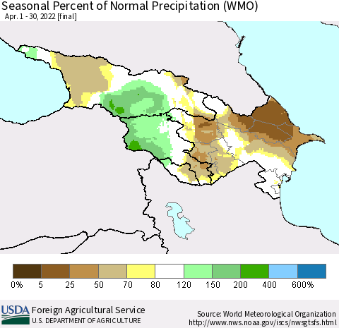 Azerbaijan, Armenia and Georgia Seasonal Percent of Normal Precipitation (WMO) Thematic Map For 4/1/2022 - 4/30/2022