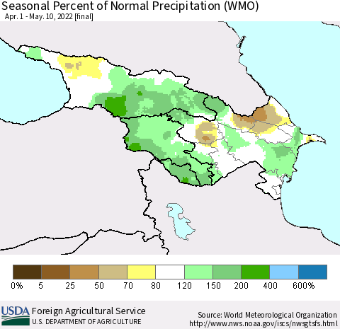 Azerbaijan, Armenia and Georgia Seasonal Percent of Normal Precipitation (WMO) Thematic Map For 4/1/2022 - 5/10/2022