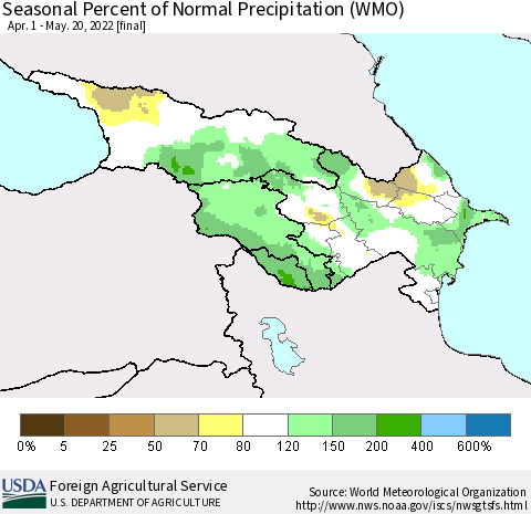 Azerbaijan, Armenia and Georgia Seasonal Percent of Normal Precipitation (WMO) Thematic Map For 4/1/2022 - 5/20/2022