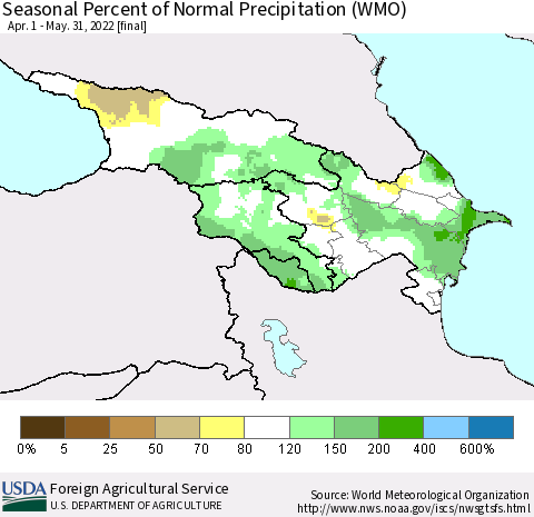 Azerbaijan, Armenia and Georgia Seasonal Percent of Normal Precipitation (WMO) Thematic Map For 4/1/2022 - 5/31/2022
