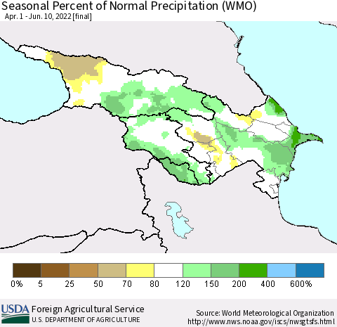 Azerbaijan, Armenia and Georgia Seasonal Percent of Normal Precipitation (WMO) Thematic Map For 4/1/2022 - 6/10/2022