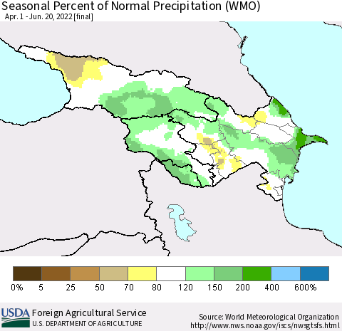 Azerbaijan, Armenia and Georgia Seasonal Percent of Normal Precipitation (WMO) Thematic Map For 4/1/2022 - 6/20/2022