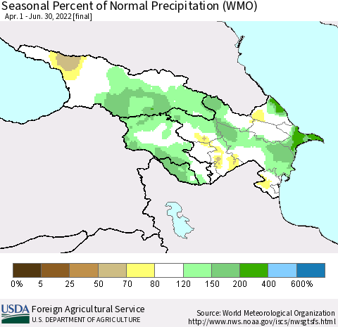 Azerbaijan, Armenia and Georgia Seasonal Percent of Normal Precipitation (WMO) Thematic Map For 4/1/2022 - 6/30/2022