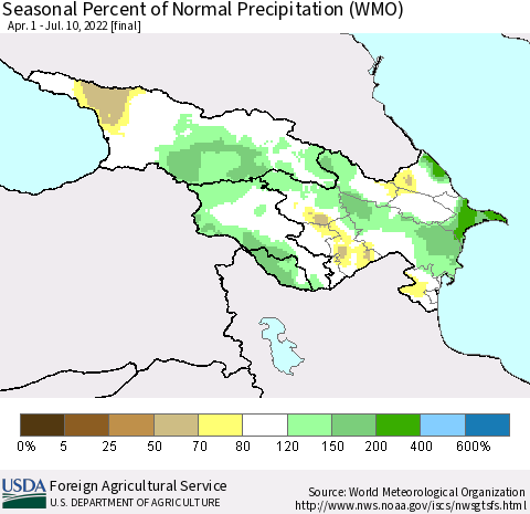 Azerbaijan, Armenia and Georgia Seasonal Percent of Normal Precipitation (WMO) Thematic Map For 4/1/2022 - 7/10/2022