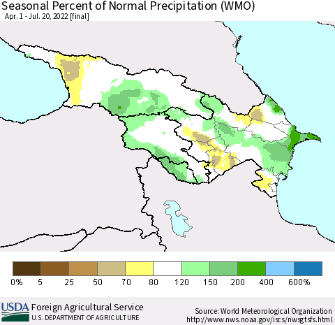 Azerbaijan, Armenia and Georgia Seasonal Percent of Normal Precipitation (WMO) Thematic Map For 4/1/2022 - 7/20/2022