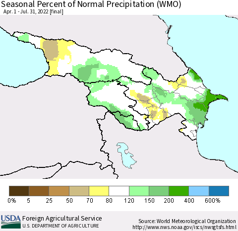 Azerbaijan, Armenia and Georgia Seasonal Percent of Normal Precipitation (WMO) Thematic Map For 4/1/2022 - 7/31/2022