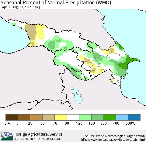 Azerbaijan, Armenia and Georgia Seasonal Percent of Normal Precipitation (WMO) Thematic Map For 4/1/2022 - 8/10/2022