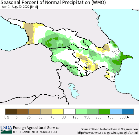 Azerbaijan, Armenia and Georgia Seasonal Percent of Normal Precipitation (WMO) Thematic Map For 4/1/2022 - 8/20/2022