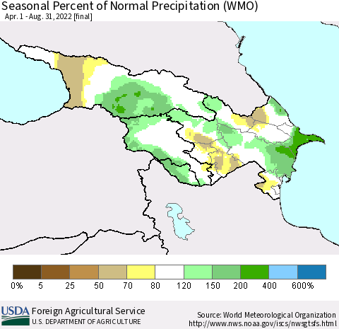 Azerbaijan, Armenia and Georgia Seasonal Percent of Normal Precipitation (WMO) Thematic Map For 4/1/2022 - 8/31/2022