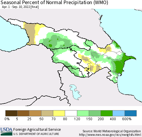 Azerbaijan, Armenia and Georgia Seasonal Percent of Normal Precipitation (WMO) Thematic Map For 4/1/2022 - 9/10/2022