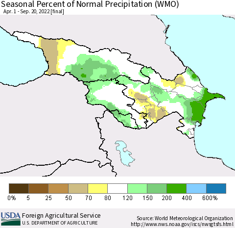 Azerbaijan, Armenia and Georgia Seasonal Percent of Normal Precipitation (WMO) Thematic Map For 4/1/2022 - 9/20/2022