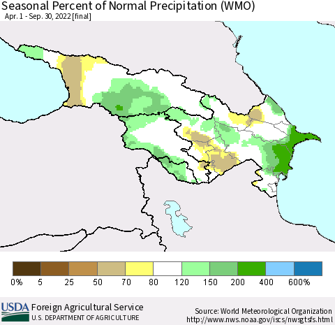Azerbaijan, Armenia and Georgia Seasonal Percent of Normal Precipitation (WMO) Thematic Map For 4/1/2022 - 9/30/2022