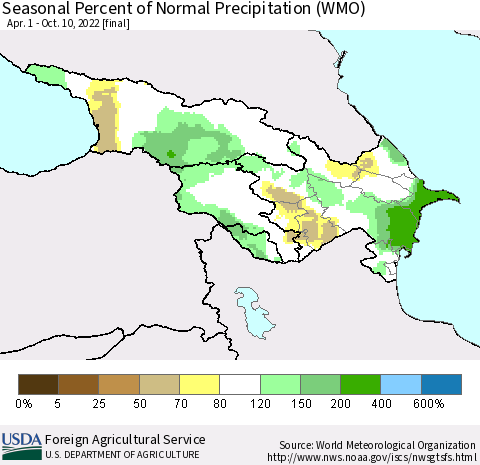 Azerbaijan, Armenia and Georgia Seasonal Percent of Normal Precipitation (WMO) Thematic Map For 4/1/2022 - 10/10/2022