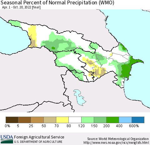 Azerbaijan, Armenia and Georgia Seasonal Percent of Normal Precipitation (WMO) Thematic Map For 4/1/2022 - 10/20/2022