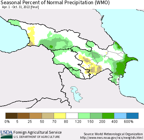 Azerbaijan, Armenia and Georgia Seasonal Percent of Normal Precipitation (WMO) Thematic Map For 4/1/2022 - 10/31/2022