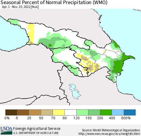 Azerbaijan, Armenia and Georgia Seasonal Percent of Normal Precipitation (WMO) Thematic Map For 4/1/2022 - 11/10/2022