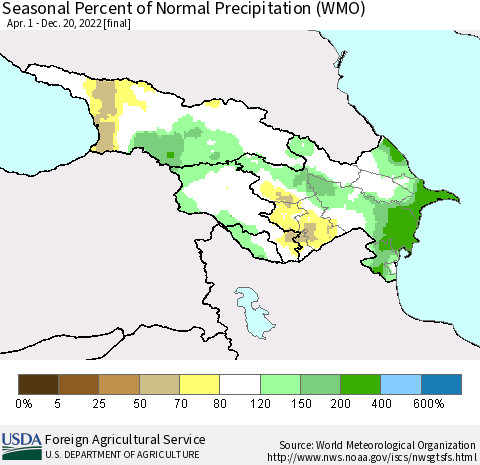 Azerbaijan, Armenia and Georgia Seasonal Percent of Normal Precipitation (WMO) Thematic Map For 4/1/2022 - 12/20/2022