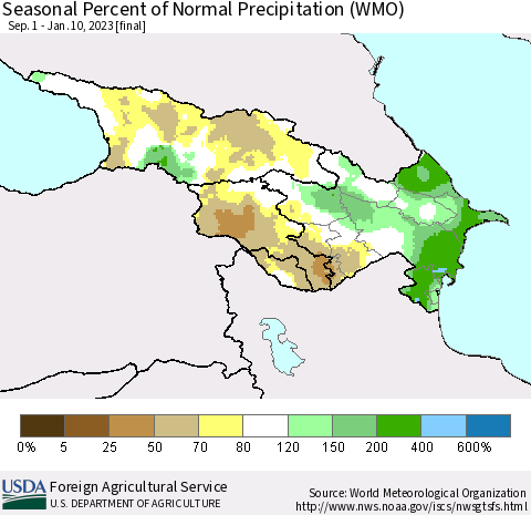 Azerbaijan, Armenia and Georgia Seasonal Percent of Normal Precipitation (WMO) Thematic Map For 9/1/2022 - 1/10/2023