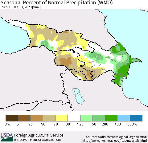 Azerbaijan, Armenia and Georgia Seasonal Percent of Normal Precipitation (WMO) Thematic Map For 9/1/2022 - 1/31/2023