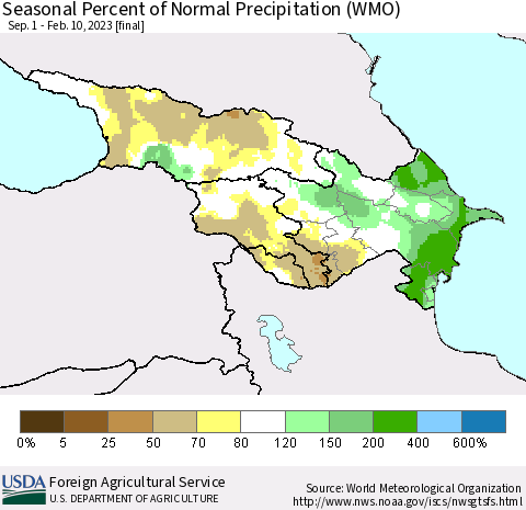 Azerbaijan, Armenia and Georgia Seasonal Percent of Normal Precipitation (WMO) Thematic Map For 9/1/2022 - 2/10/2023