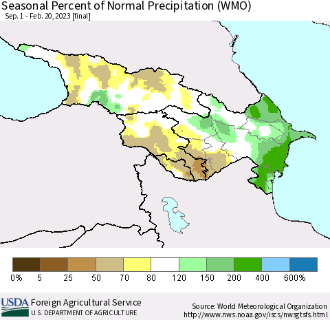 Azerbaijan, Armenia and Georgia Seasonal Percent of Normal Precipitation (WMO) Thematic Map For 9/1/2022 - 2/20/2023