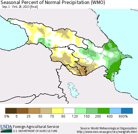 Azerbaijan, Armenia and Georgia Seasonal Percent of Normal Precipitation (WMO) Thematic Map For 9/1/2022 - 2/28/2023