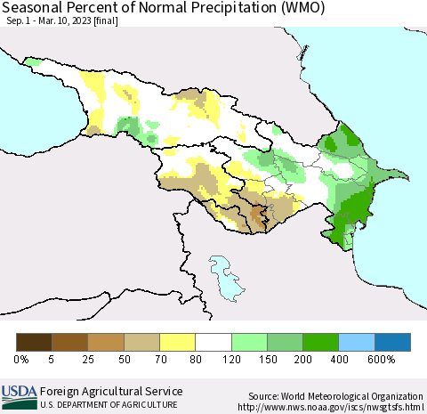 Azerbaijan, Armenia and Georgia Seasonal Percent of Normal Precipitation (WMO) Thematic Map For 9/1/2022 - 3/10/2023