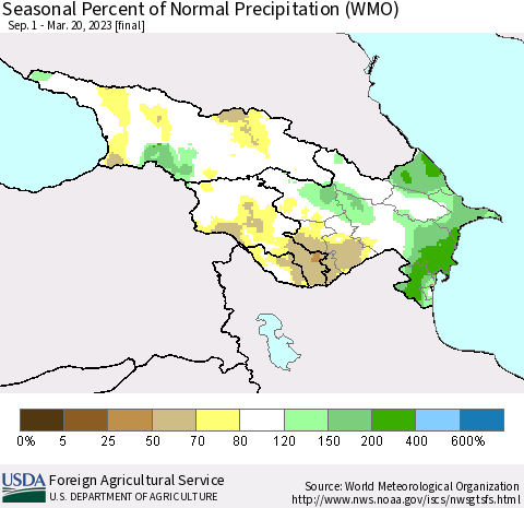Azerbaijan, Armenia and Georgia Seasonal Percent of Normal Precipitation (WMO) Thematic Map For 9/1/2022 - 3/20/2023