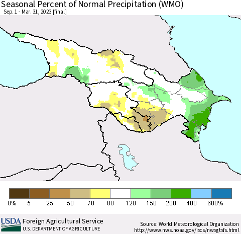Azerbaijan, Armenia and Georgia Seasonal Percent of Normal Precipitation (WMO) Thematic Map For 9/1/2022 - 3/31/2023