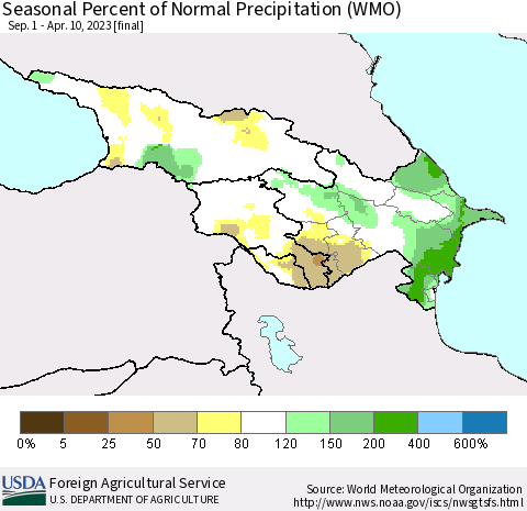 Azerbaijan, Armenia and Georgia Seasonal Percent of Normal Precipitation (WMO) Thematic Map For 9/1/2022 - 4/10/2023