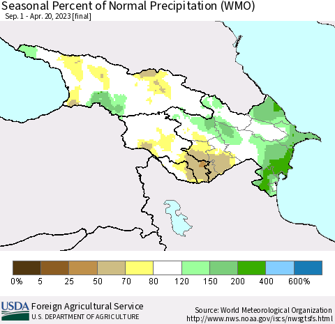 Azerbaijan, Armenia and Georgia Seasonal Percent of Normal Precipitation (WMO) Thematic Map For 9/1/2022 - 4/20/2023