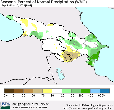Azerbaijan, Armenia and Georgia Seasonal Percent of Normal Precipitation (WMO) Thematic Map For 9/1/2022 - 5/10/2023