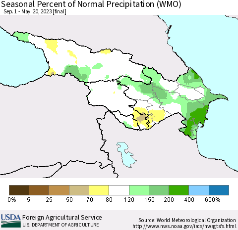 Azerbaijan, Armenia and Georgia Seasonal Percent of Normal Precipitation (WMO) Thematic Map For 9/1/2022 - 5/20/2023